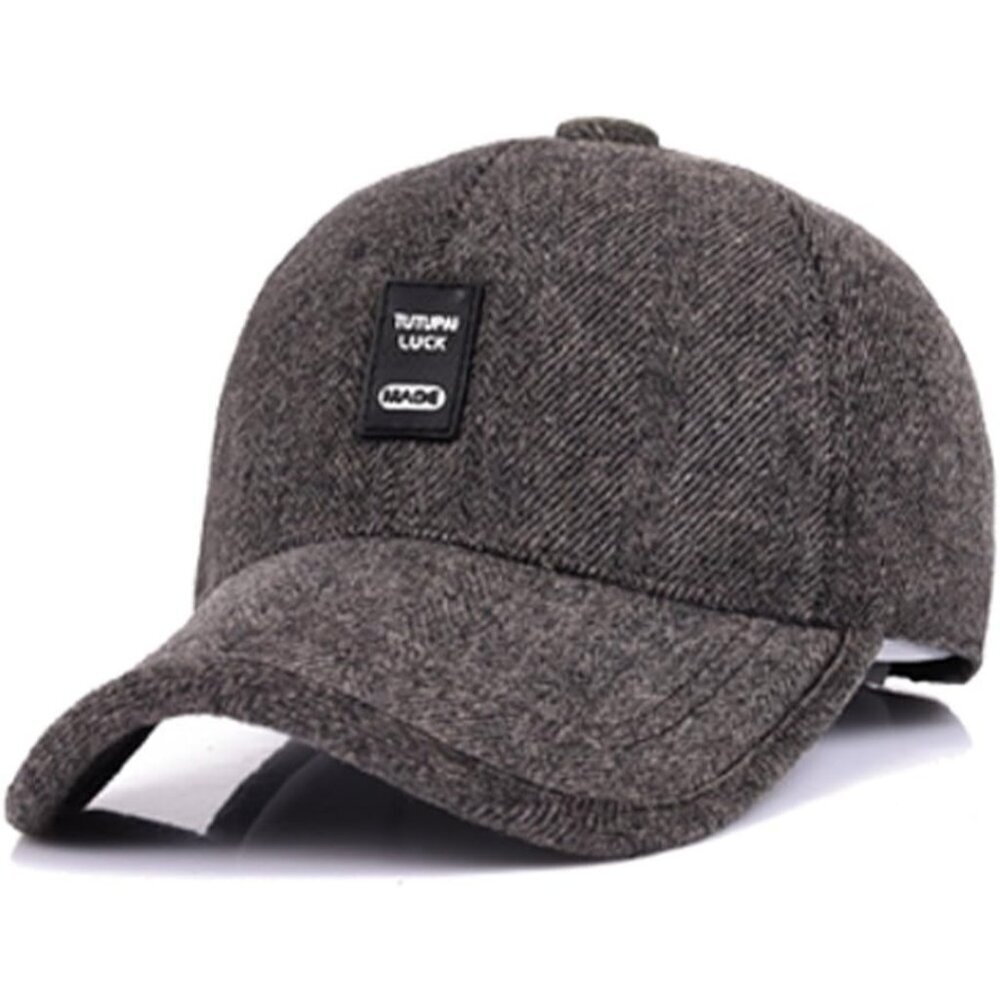 🆕 Men Brown Baseball Cap Winter Warm Wool Tweed Peaked Fold Earmuff Jacket Hat
